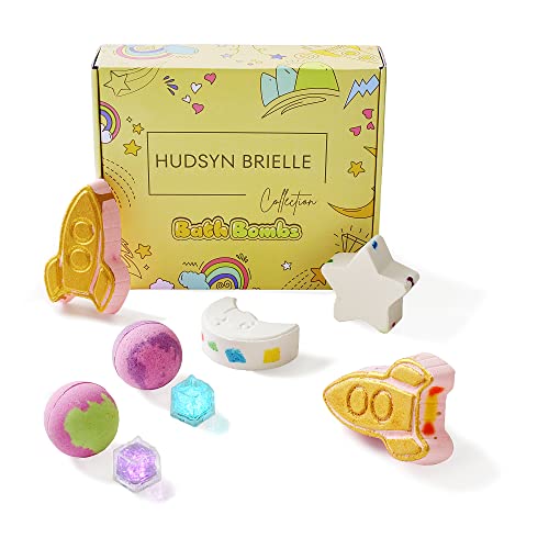 Hudsyn Brielle Collection Galaxy Bath Bomb Set for Kids I 6 PCS Bubble Bath Fizzies I Rocket Ships, Light Up Bath Bombs with Surprise Toy Inside, Rainbow Moon & Star I Organic Natural & Safe for Kids