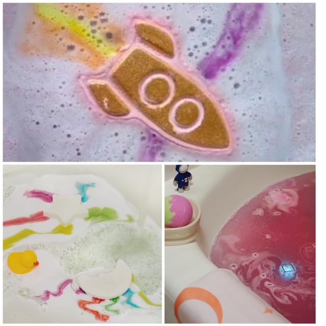 Hudsyn Brielle Collection Galaxy Bath Bomb Set for Kids I 6 PCS Bubble Bath Fizzies I Rocket Ships, Light Up Bath Bombs with Surprise Toy Inside, Rainbow Moon & Star I Organic Natural & Safe for Kids