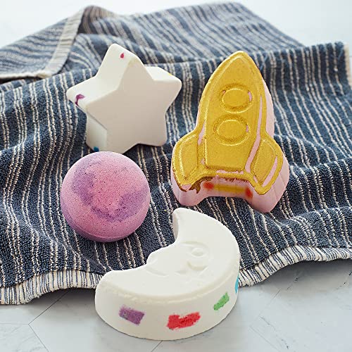 Hudsyn Brielle Collection Galaxy Bath Bomb Set for Kids I 6 PCS Bubble Bath Fizzies I Rocket Ships, Light Up Bath Bombs with Surprise Toy Inside, Rainbow Moon & Star I Organic Natural & Safe for Kids